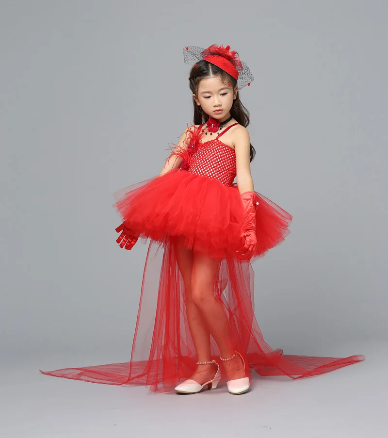 POSH DREAM Red Children Girls Wedding Party Clothes for Kids Floral Christmas Girls Dress Red with Train Feather Girls Clothing