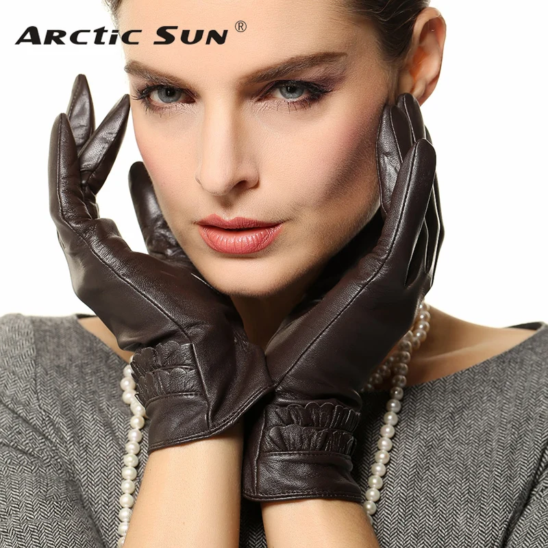 Sale Brand Women Leather Gloves Warm Winter Lady Genuine Sheepskin Glove Fashion Wrist Lace Solid Black Driving L122NQ