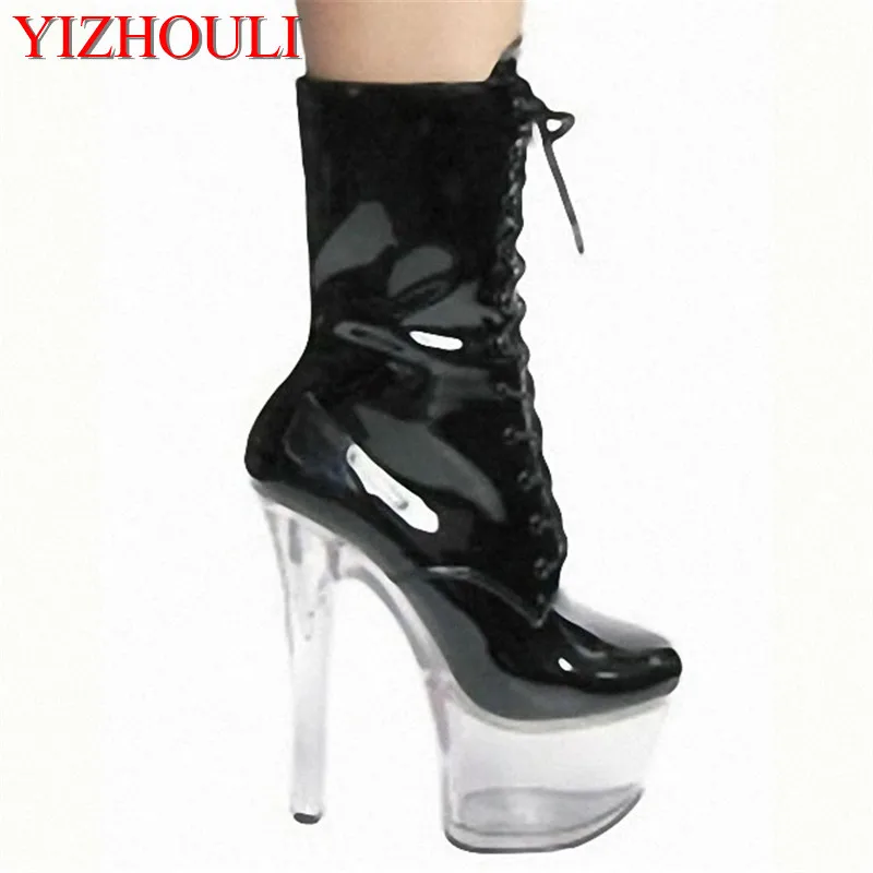 

15cm high heel ankle boots/fashionable PU leather lace-up ankle boots/platform shoes/transparent platform for women