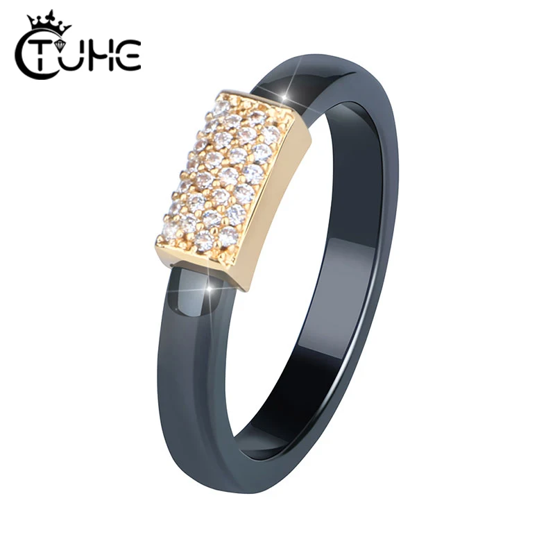 Gold Color Rings for Women Healthy Black White Pink Ceramic Rings With Bling Crystal 3mm Width Jewelry Anniversary Gift Whoesale