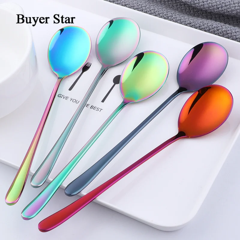 Buyer Star Colorful Coffee Spoon 304 Stainless Steel Long Handle 5 Color Korean Mixing Spoons Set Dessert Long Ice Kitchen Scoop