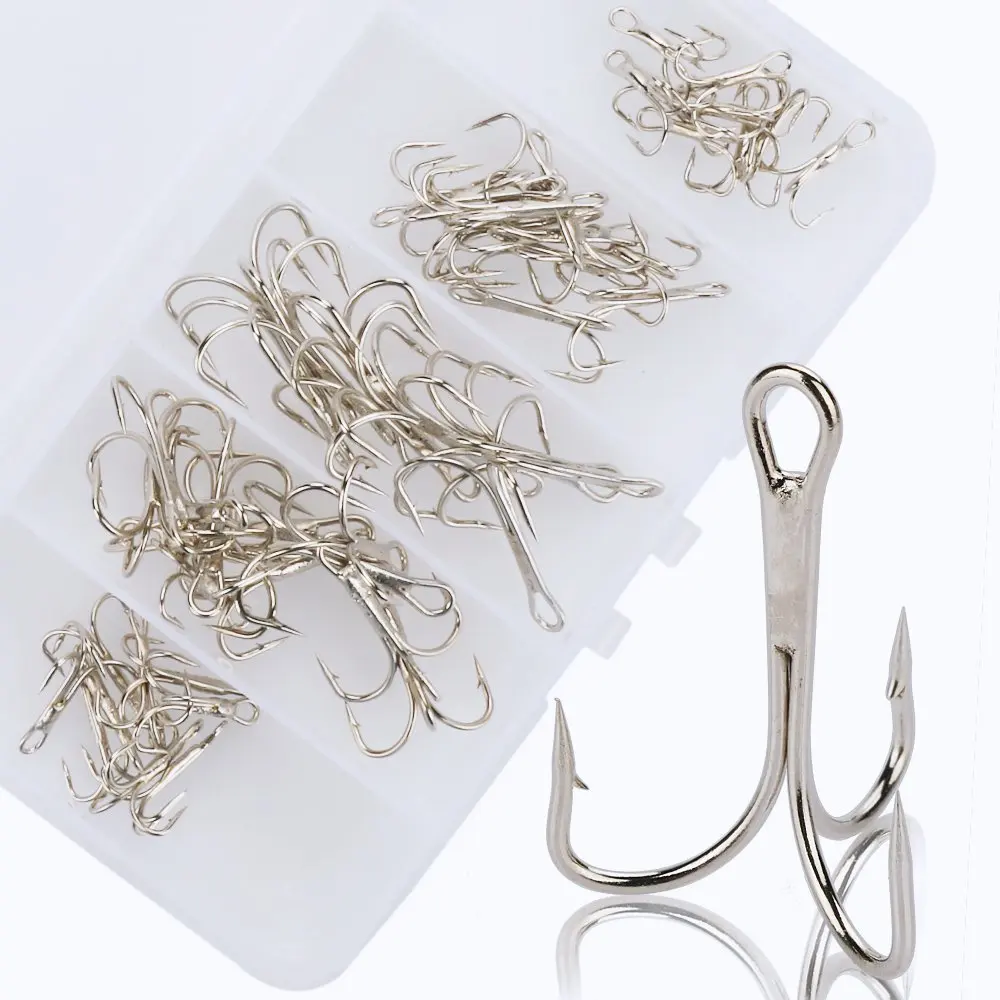 HiUmi Fishing Hook With  Lot 50pc 2/4/6/8/10 High Carbon Steel Treble Hooks Fishing Tackle White Fish Hook