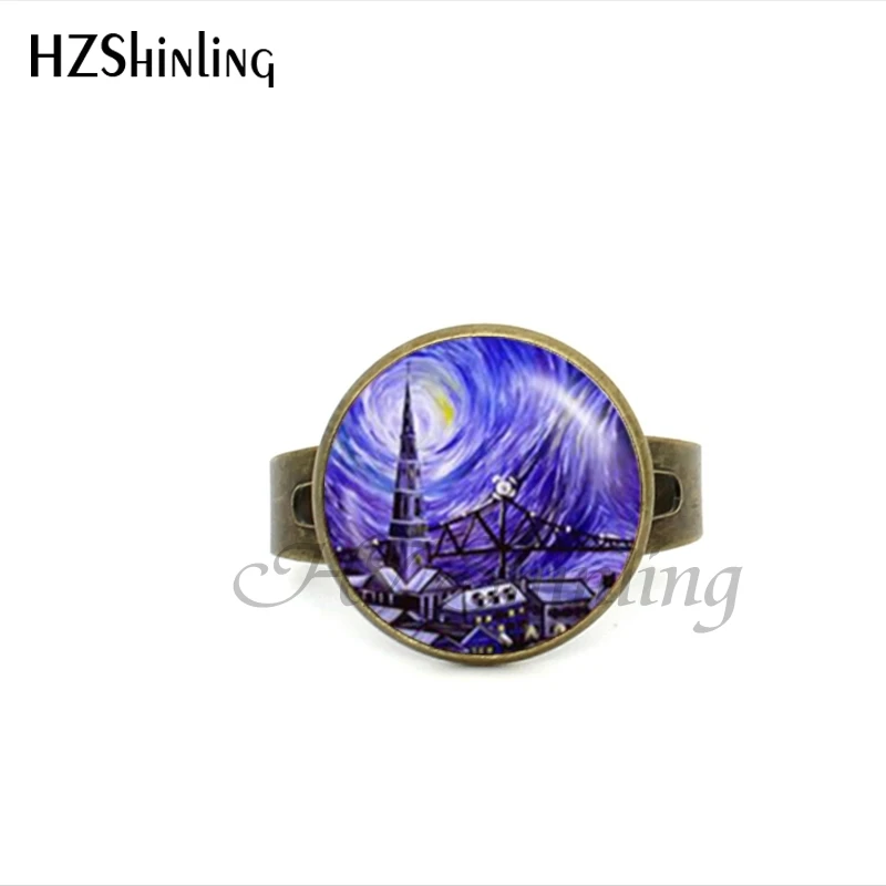 2017 New Glass Dome Rings The Starry Night by Vincent Van Gogh 1889 Handmade Keepsake Ring Art Painting Adjustable Ring