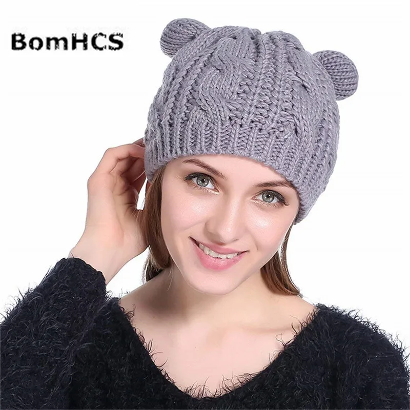 BomHCS Handmade Women's Hat Cat Ear Crochet Braided Knit Beanie Halloween Skull Caps