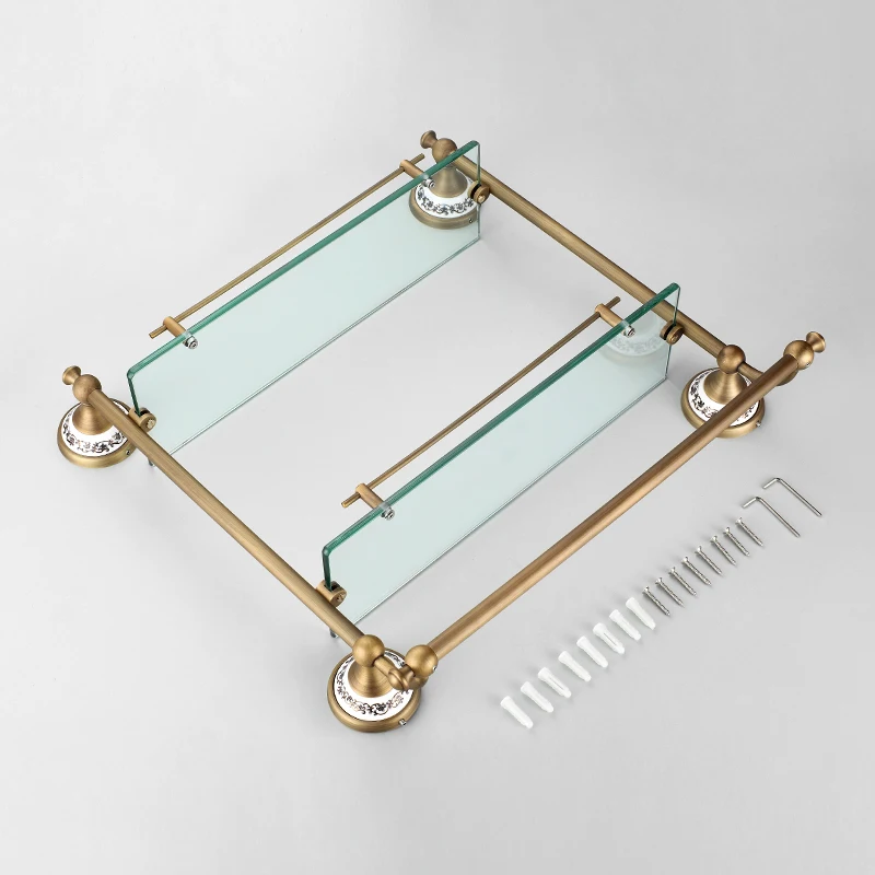 Bathroom Glass Shelf 2 Tier, Coming with Towel Bar, Shower Caddy Bath Basket, Wall Mount, Antique Brass, Bronze finish