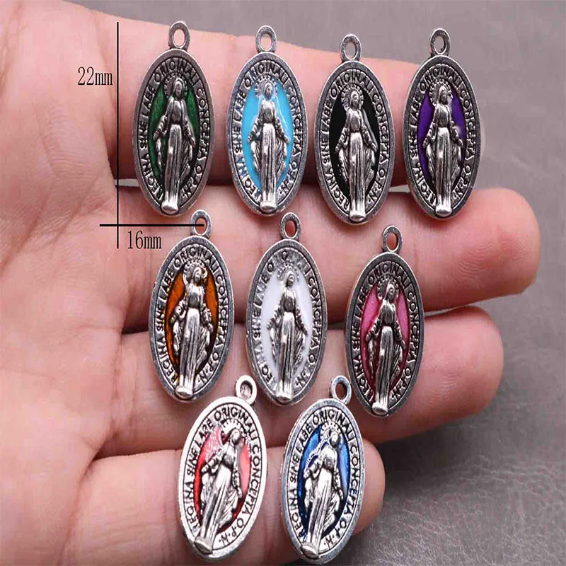 Charm Little Virgin Mary Icon Catholic Religious Charm Bead Pendant Bracelet Necklace Mini Maria Pendant 100 PCS