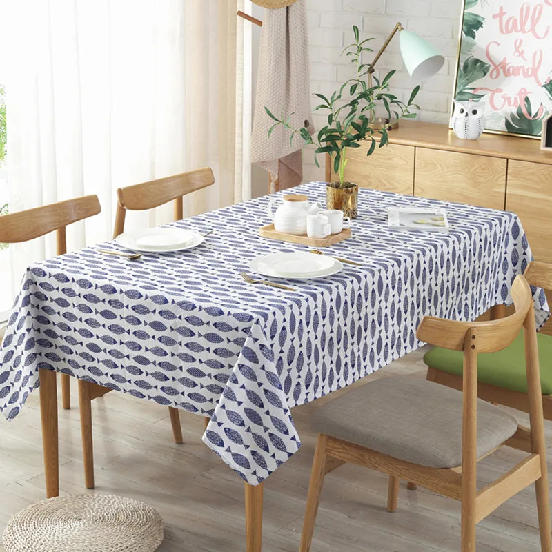 Thicken Cotton Linen Tablecloth Simple Blue Fish Print Cover Japanese Style Washable Table Cloth for Wedding Tea Table