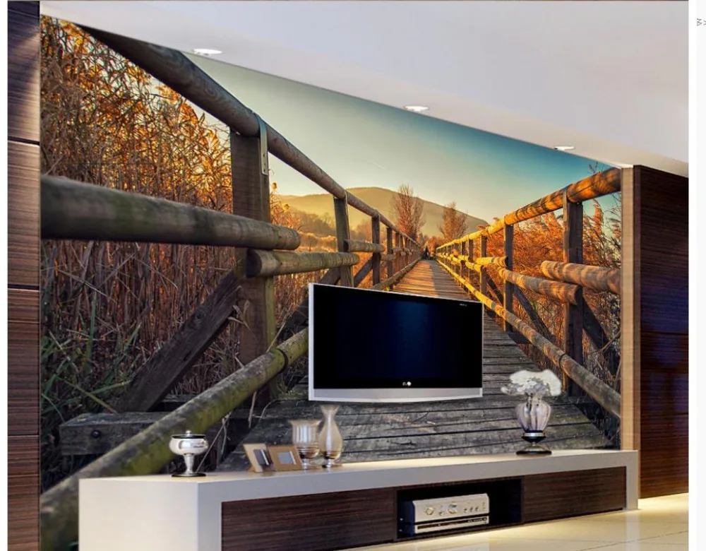 Custom Any Size TV Background Wall Mural Wall Paper Original Naked Eye 3D Space Wooden Bridge Background Wall Painting