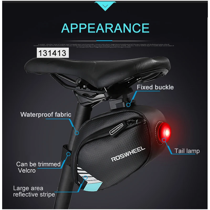 Roswheel Bicycle Saddle Bag With Tail Lamp Light Pocket Waterproof MTB Bike Rear Bags Cycling Rear Seat Tail Bag Accessories