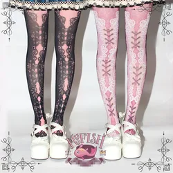 Princess sweet lolita pantyhose Victoria corset printing sexy lace corselet black gothic Vintage print pantyhose LWK04