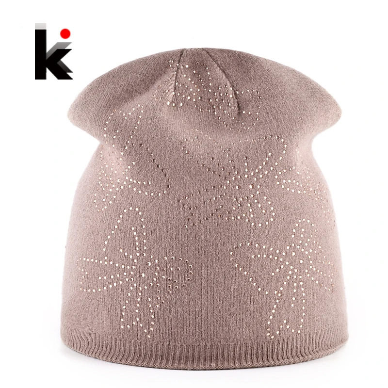 Autumn Winter Beanie Hats For Women Knitted Rabbit Wool Beanies Female Rhinestone Butterfly Bonnet Hat Ladies Outdoors Skullies