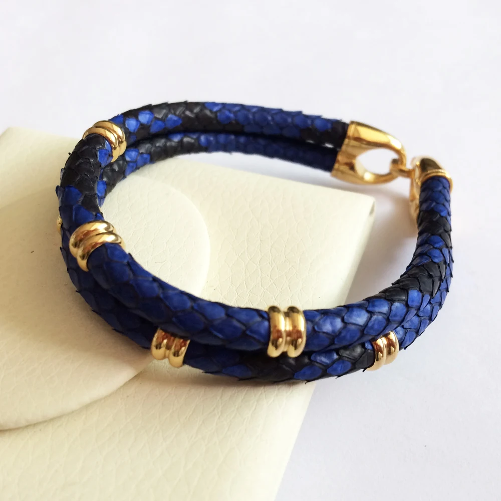 Lovers' Blue Python Skin Leather Bracelets Real Python Skin Leather With Steel Buckle Bracelet With Beads Bracelet