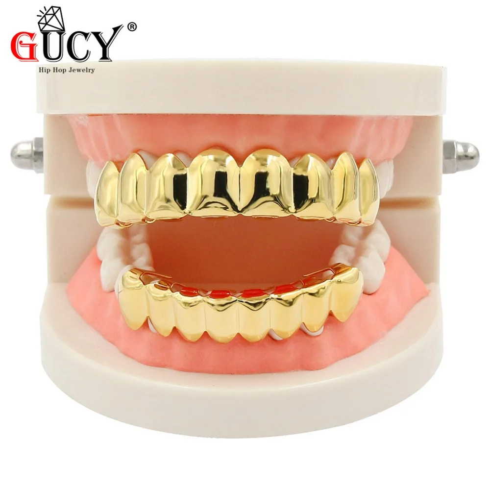 GUCY Grillz-Juego de parrillas con acabado dorado, juego de 8 dientes superiores y 8 dientes inferiores, estilo Hip Hop liso, regalo para Halloween