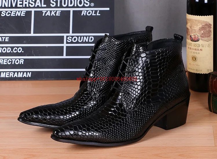 Fashion Brand Design Black Snake Skin Leather Military Boots Pointed Toe High Heels Stud Cowboy Boots Dress Wedding Shoes Man