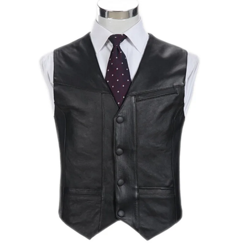 Black Genuine Leather Vest 2017 New Middle-aged Male Sheepskin Multi-pockets Single Breasted Photography Vests Biker Jacket Ma