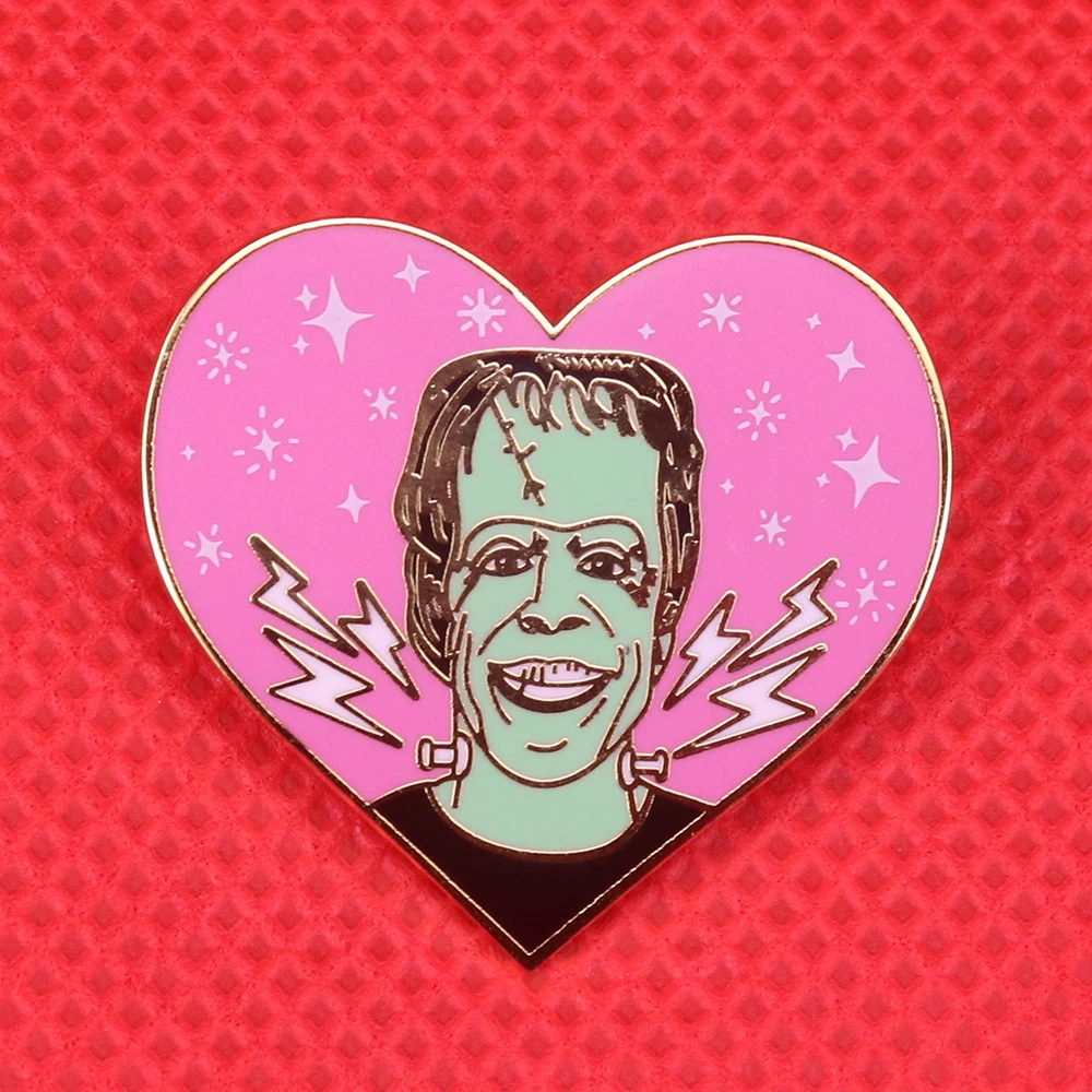 Herman Munster enamel pin pink heart shape brooch horror art badge 80s fans artist gift Frankenstein Halloween Christmas jewelry