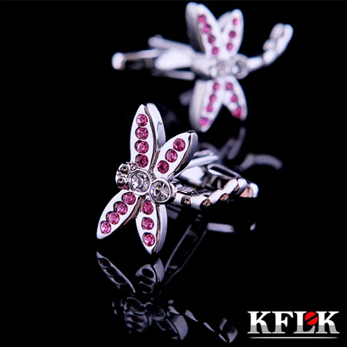 

KFLK Luxury shirt cufflink for women Brand cuff buttons Pink Crystal Dragonfly cuff link High Quality abotoaduras Jewelry