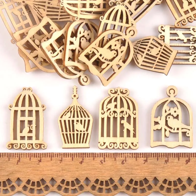 25pcs Wooden Crafts creativity hollow out birdcage Pattern Scrapbooking Crafts wood decoration for Home Decoration m0833X