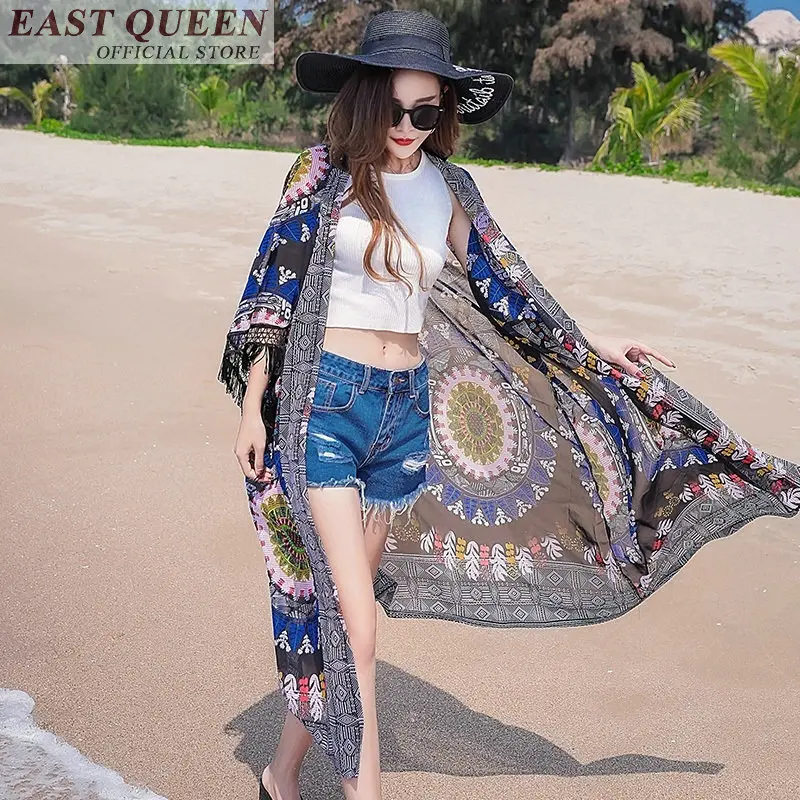 Bohemian phụ nữ dài áo hot bán bãi biển voan tassel floral print v-cổ ba phần tư cánh dơi tay áo sơ mi nữ DD709 L