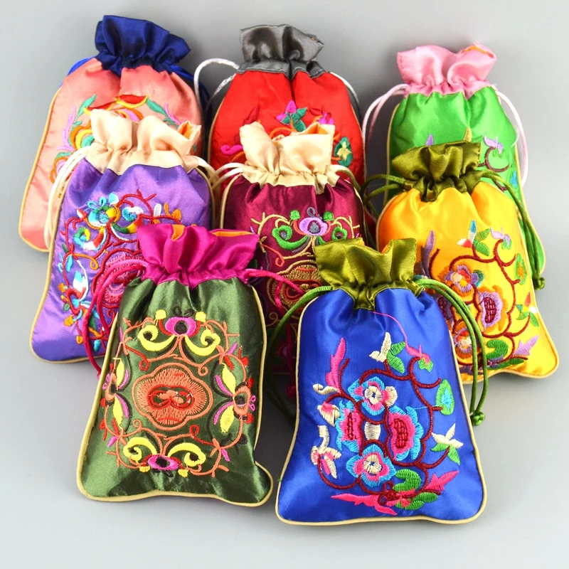 50pcs Chinese style Embroidery Satin Packaging Drawstring Pouches Small Gift Bags Christmas Wedding Party Candy Jewelry Packagin