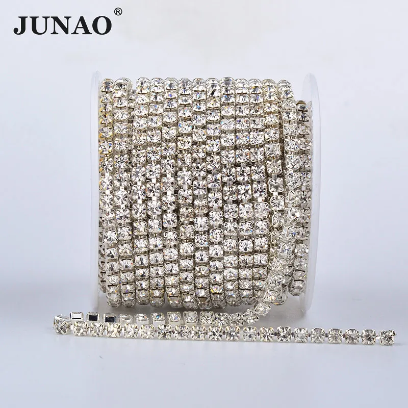 JUNAO High Quality SS6 8 10 12 16 18 Silver Gold Base Glass Rhinestone Dense Chain Clear Crystal Appliques Trim Strass Banding