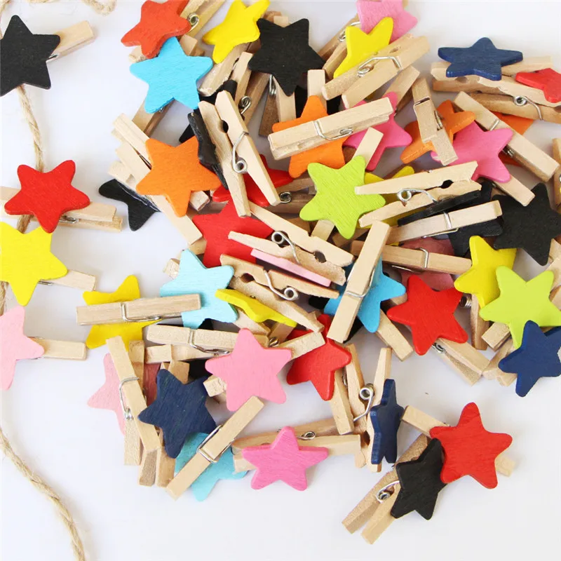 50pcs Colored Stars Mini Wooden Clothespin Craft Clips DIY Clothes Paper Peg Decorative Craft Photo Frame Clips Wedding Party