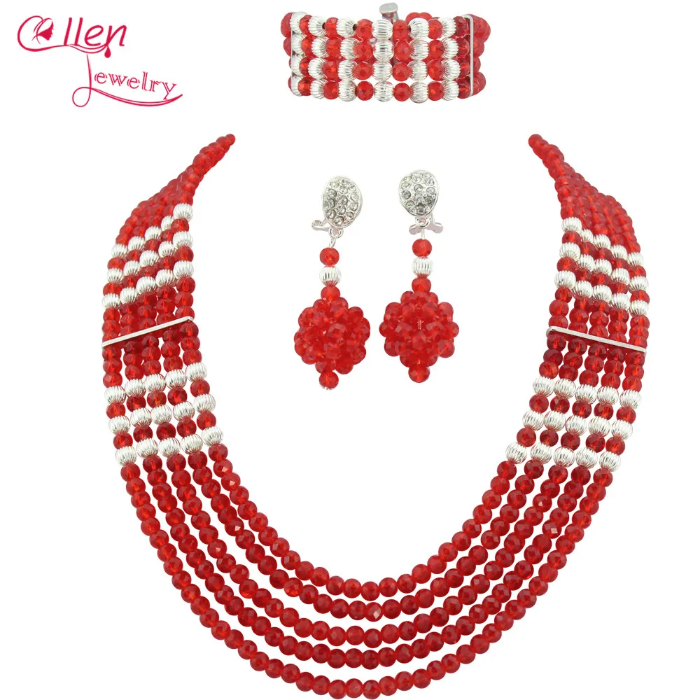 

Nigerian wedding african beads red jewelry sets for brides Crystal Necklace Bracelet Earrings cheap fashion jewelry sets HDW05