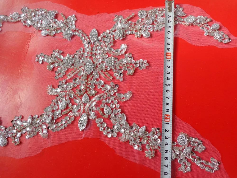 handmade sew on silver rhinestones  applique  crystals trim patches 45*28cm for  dress DIY  accessories