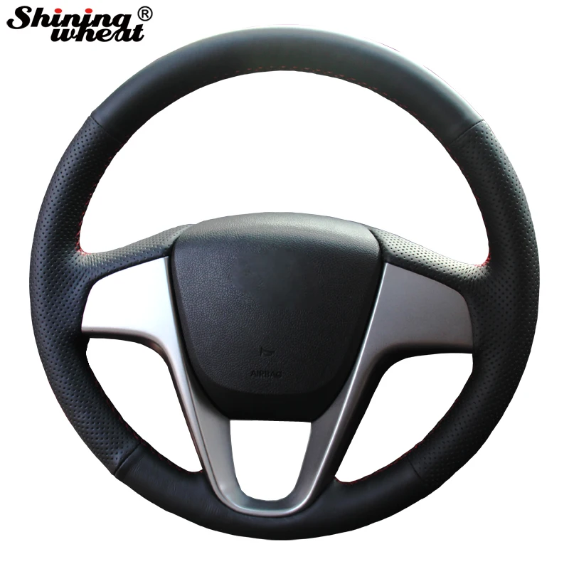 Shining wheat Hand-stitched Black Leather Steering Wheel Cover for Hyundai Solaris Verna I20 Accent