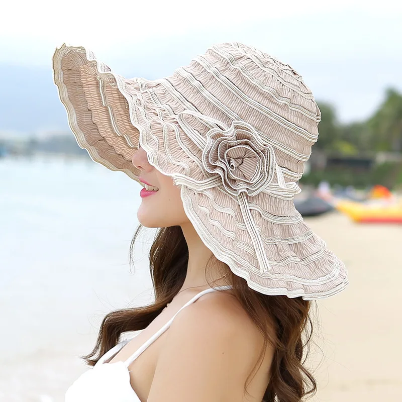 HT1676 2018 New Fashion Women Hat Korea Style Flower Packable Large Wide Brim Hat Anti-UV Adjustable Ladies Floppy Beach Sun Hat