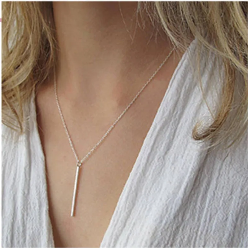 New Simple Classic Fashion Stick Pendant Necklace Chain Square Copper Collares Long Strip Charm Bar Jewelry for Women