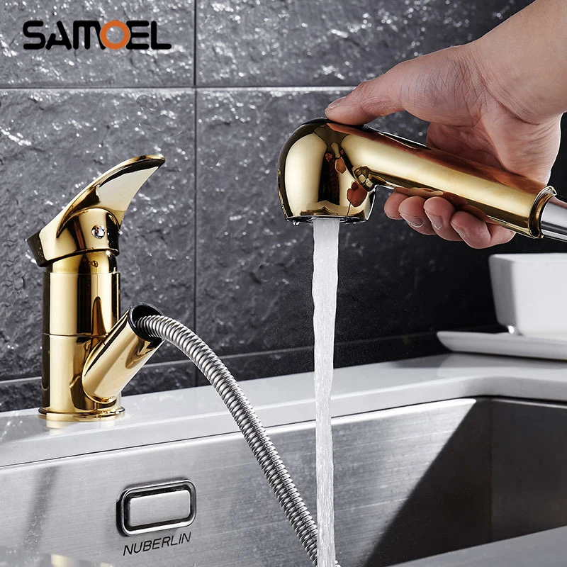 Samoel Deck Mount Brass Golden Kitchen Faucets Mixers Single Hole Gold Plated Pull Out Kitchen Water Tap G1105