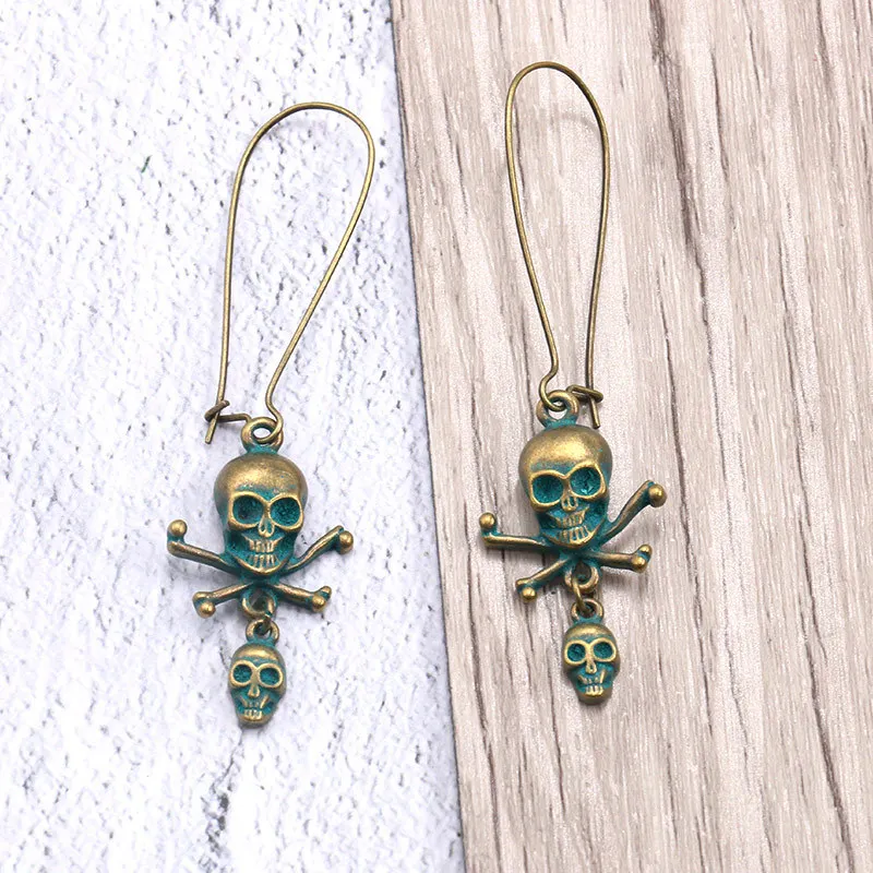 Pendientes de aro con colgante de doble esqueleto para mujer, aretes bohemios étnicos de hip hop, color verde antiguo, joyería de aro