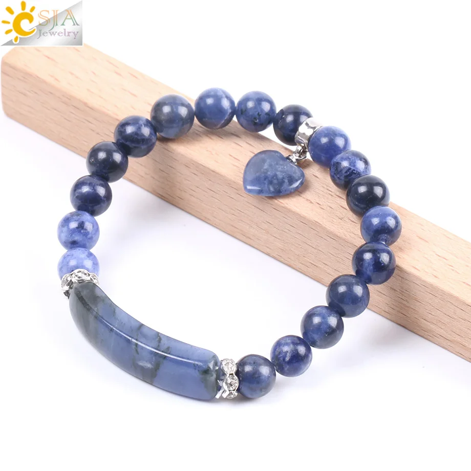 CSJA Natural Stone Sodalite Bracelets Beaded Bracelet for Women Men Love Heart Blue Beads Stretch Healing Buddhist Prayer F109