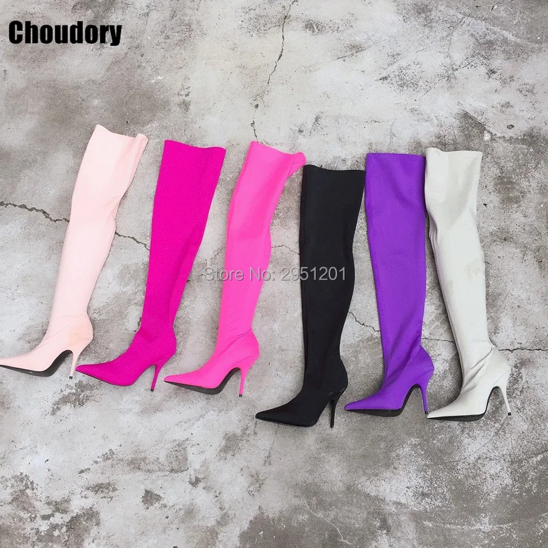 Fashion Shoes Woman Satin High Heels Sharp Pointed Toe Women Booties Floral Print Thigh High Boots Stretchy Silk Over knee Boots