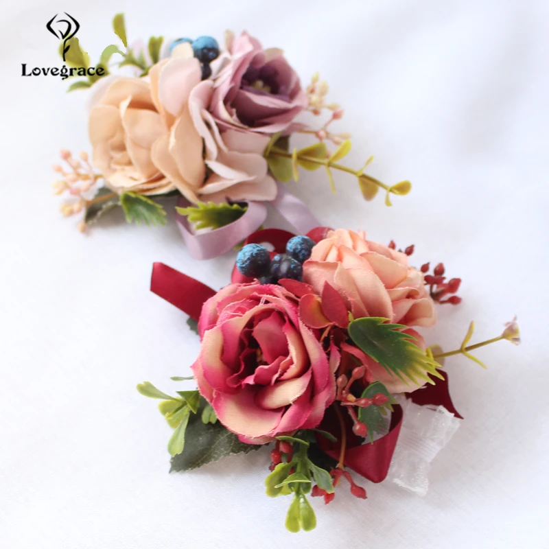 Lovegrace Artificial Silk Flowers Wrist and Corsages Blue Yellow Band Bridesmaid Bracelet Wedding Bouquet Hand Flower Supplies