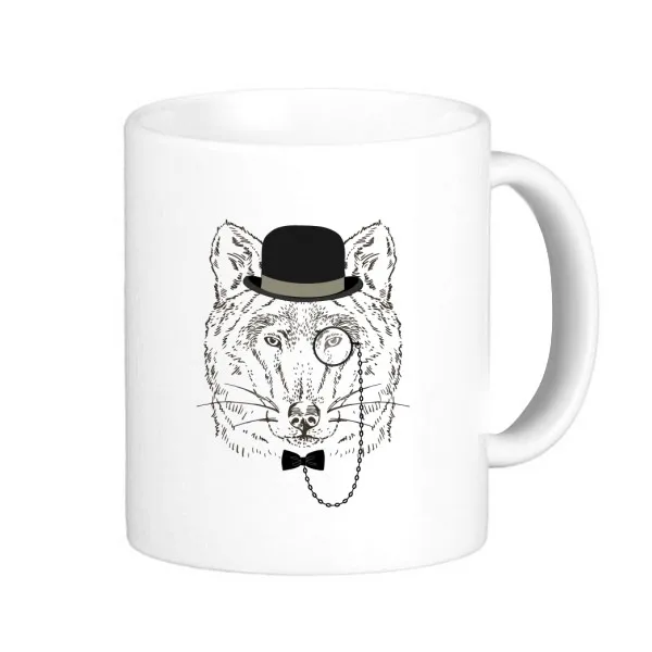 British Style Gentle Wolf With Hat Bow Tie Glass Animal Classic Mug White Pottery Ceramic Cup Milk Coffee With Handles 350 ml