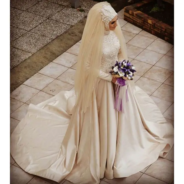 Robe de mariée musulmane à manches longues, couleur Champagne, voile Hijab, perles, tenue de mariage arabe Vintage, 2020