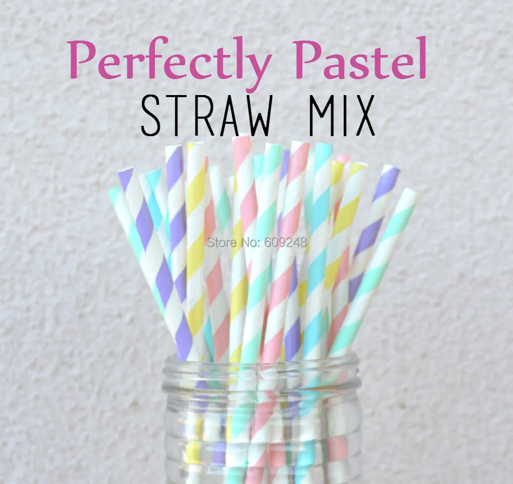 125 Pcs Mixed Colors Perfectly Pastel Paper Straws,Light Pink Blue Yellow Mint Purple Stripe Easter Party Baby Shower Drinking