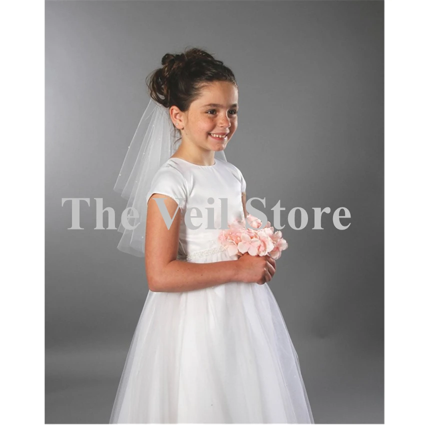 ISHSY งานแต่งงานดอกไม้ First Communion Veils ลูกปัดคู่ชั้นเด็ก Tulle Voiles ผู้หญิง Velos De Novia