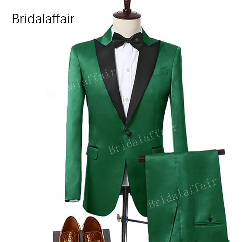 

KUSON Men Suit 2 Pieces Custom Made Slim Fit Blazer with Pants Set Green Satin Prom Wedding Tuxedos for Men (Jacket+Pants)