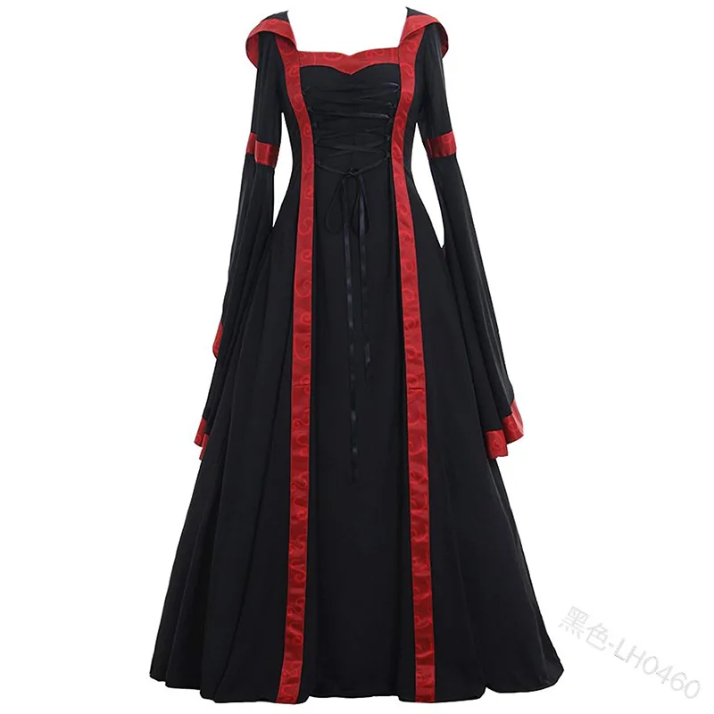 Fato de bruxa vitoriana para mulheres, vestido de vampiro com capuz vintage, vestido renascentista medieval