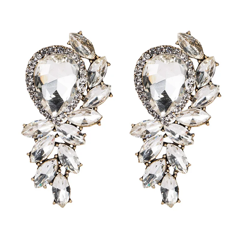 Exotic Big Waterdrop Flower Design Stud Earrings Acrylic Stone Rhinestone Decoration Piercing Earrings for Women Gift