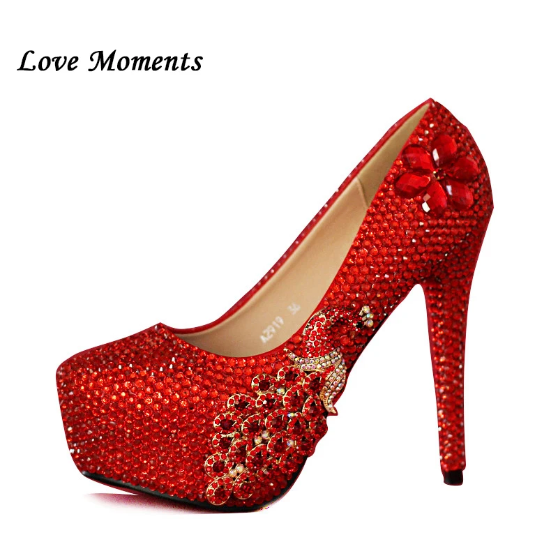 

Love Moments Red crystal woman ultra thin high heels wedding shoes shallow mouth round toe wedding shoes bridal single shoes