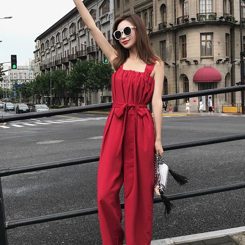 สีแดง Bohemian Jumpsuit 2019 ฤดูร้อนใหม่ Strappy Bohemian พรรค Rompers Beach VINTAGE ยาวขากว้าง Overalls Playsuits กางเกง DD1987