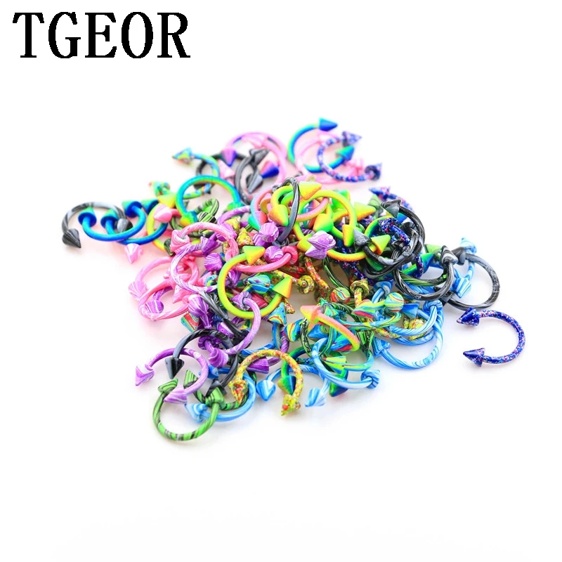 Hot wholesale new 100pcs 18G mixed water wave double colors print circular spike cone piercing horseshoe ring free shipping