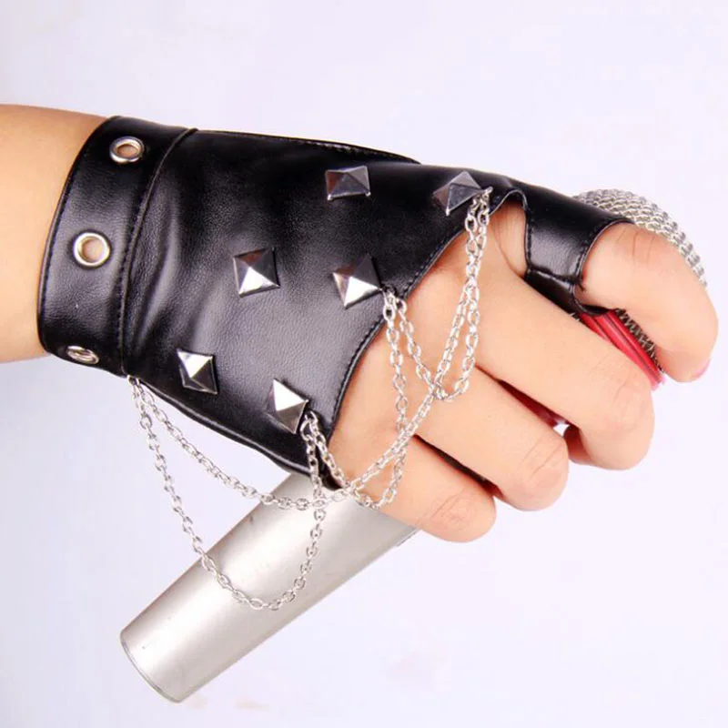 Unisex Punk Party Fingerless Leather Glove Women Rivet Personality Nightclub Singer Female Glove Men Half Finger Dance Glove 215