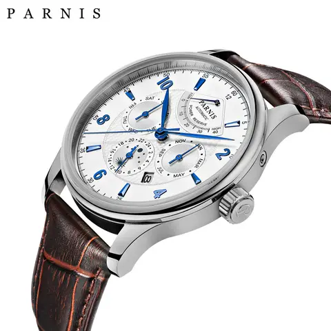 Parnis 43mm automatisk mekanisk herrklocka månfas gångreserv Miyota 9100 urverk silver rostfritt stålarmbandsur 10 best sales Parnis månfas - №5