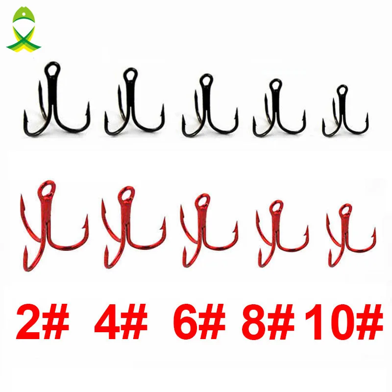 JSM 100pcs 35647 High Carbon Steel Treble Fishing Hooks Black Red Round Bent Triple Artificial Lure Fishhooks Size 2 4 6 8 10