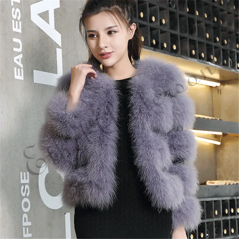 ETHEL ANDERSON Women\'s 100% Real Farm Fluffy Ostrich Turkey Feather Fur Coat Lady Winter Jacket Soft Warmer 3/4 Sleeves Fall